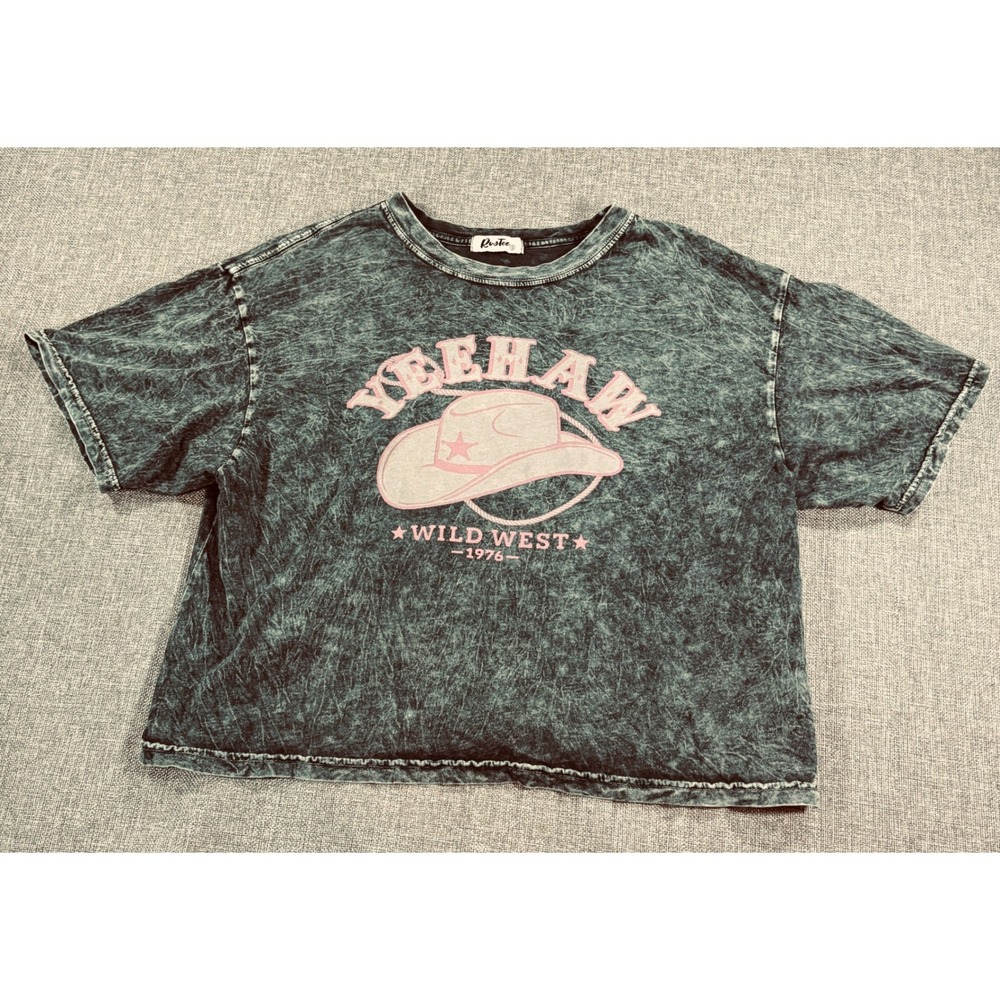 Rustee T-Shirt Yeehaw Wild West Graphic Acid Wash Gray Pink Women Small S